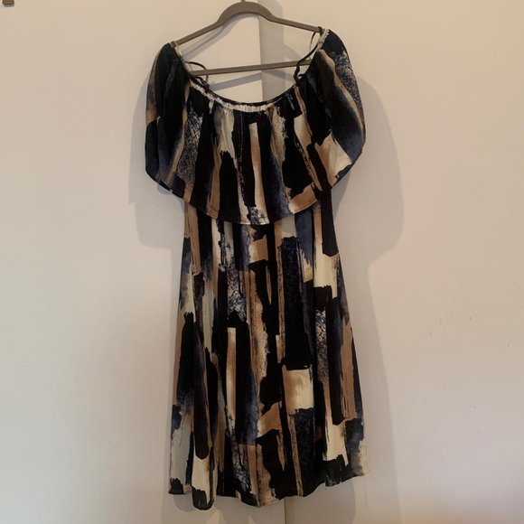 Sejour for Nordstroms off-the-shoulder blue / bronze / white boho dress (14W) - Picture 7 of 10